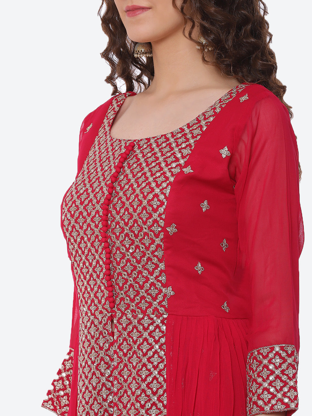 Zari Booti Neck Embroidered Georgette Kurta With Palazzo & Dupatta