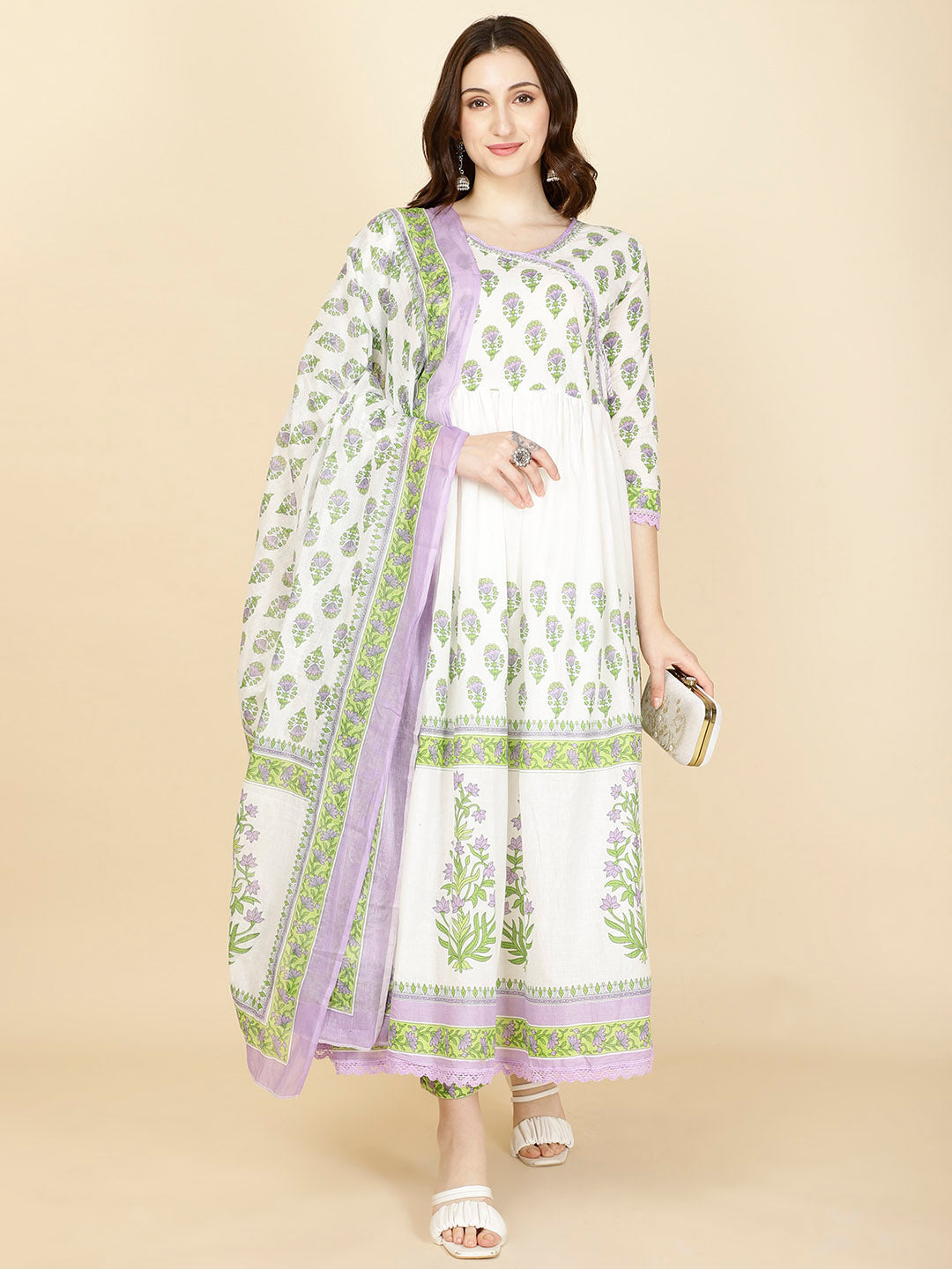Floral Printed Cotton Kurta With Pants &amp; Dupatta