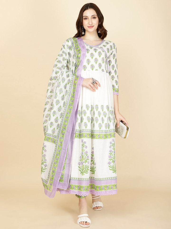 Floral Printed Cotton Kurta With Pants &amp; Dupatta