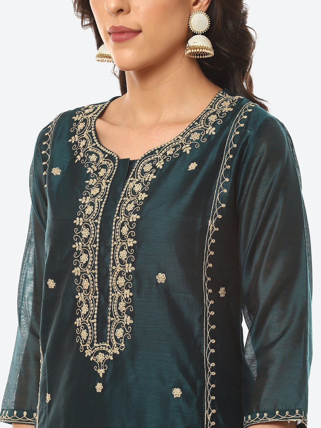 Zari Neck Embroidered Booti Chanderi Kurta With Pant &amp; Dupatta