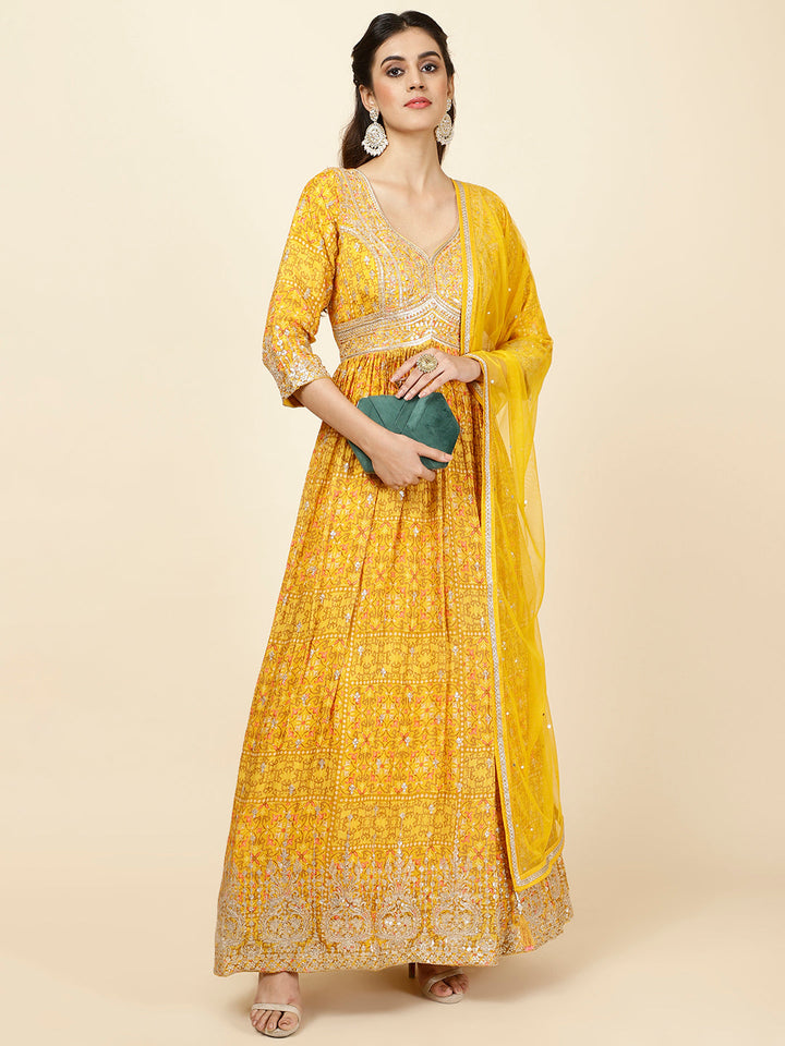 Floral Printed Crepe Kurta With Churidar &amp; Dupatta