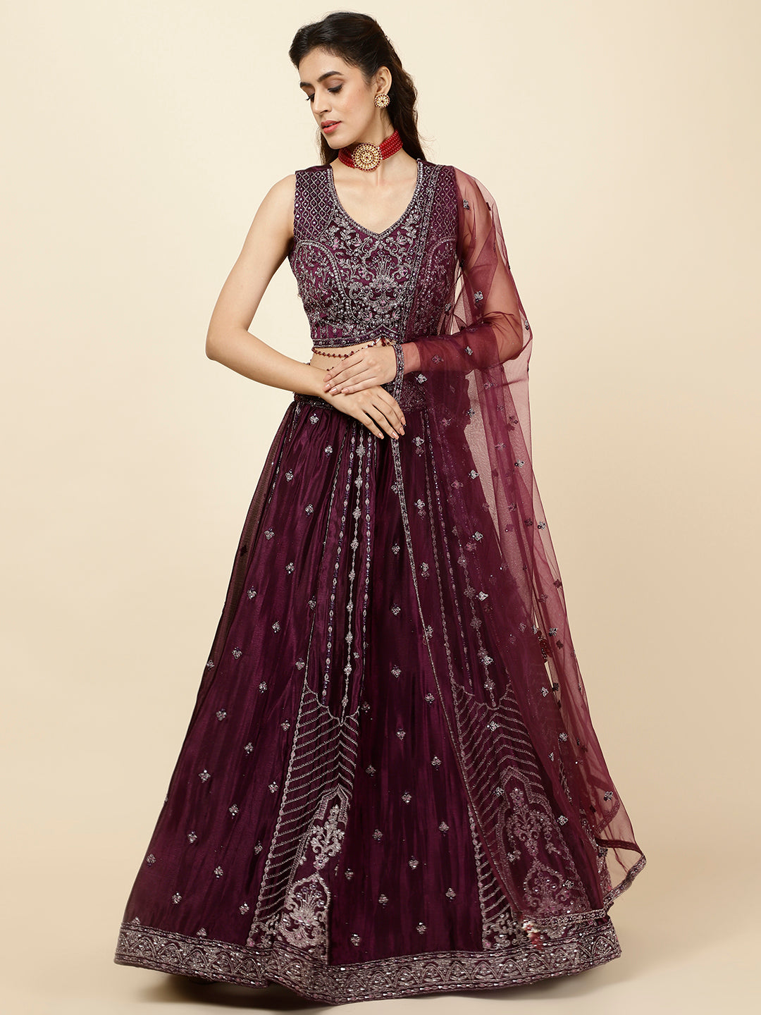 Embroidered Crepe Choli With Lehenga &amp; Dupatta