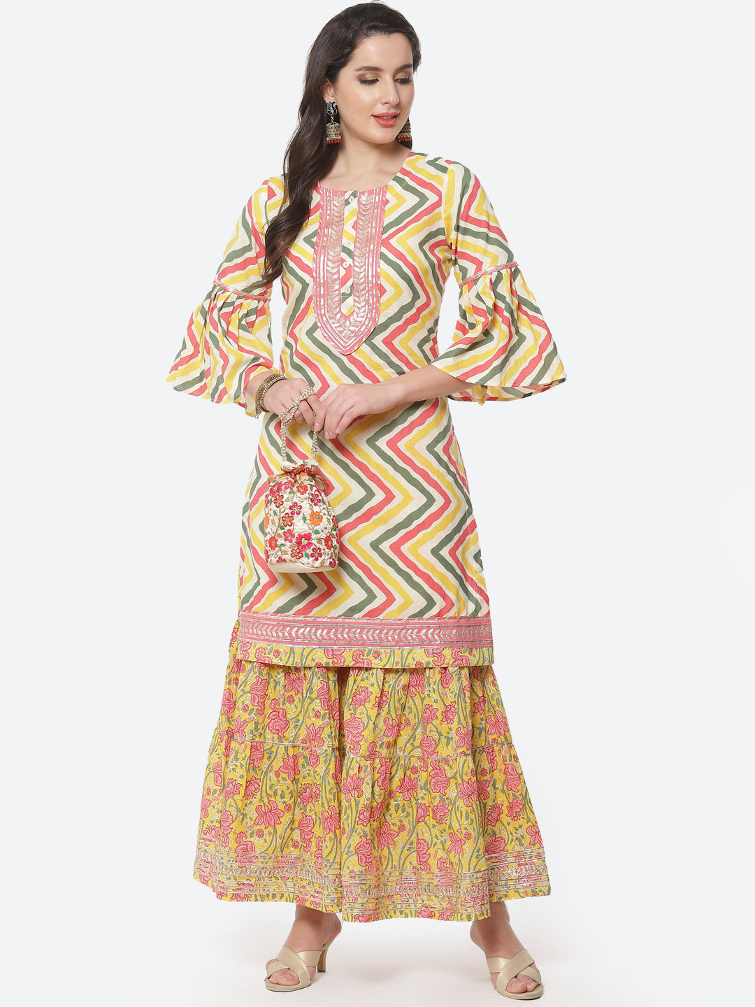 Leheriya Printed Gota Work Cotton Kurti With Sharara