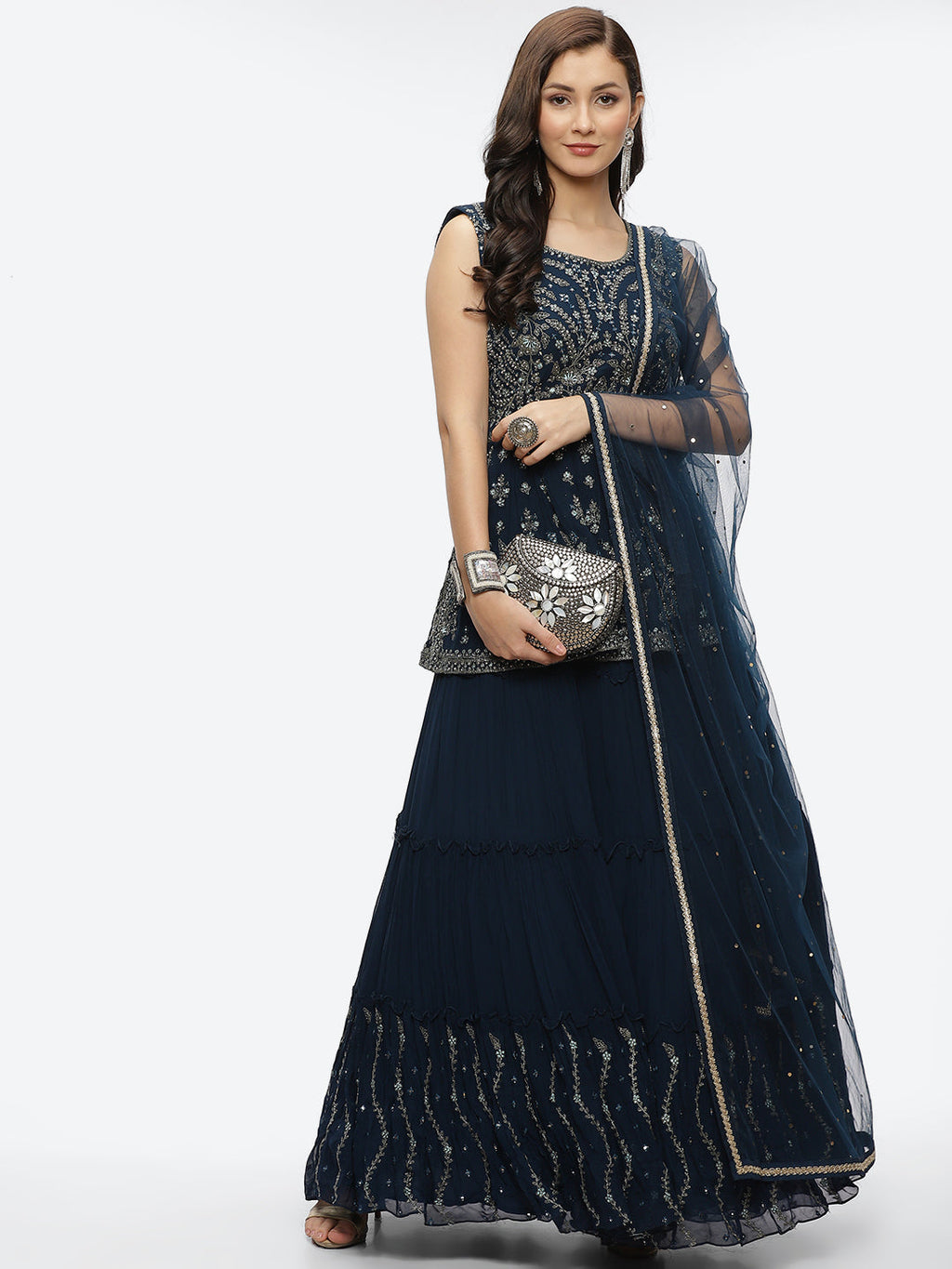 Embroidered Resham Mirror Georgette Choli With Lehenga & Dupatta