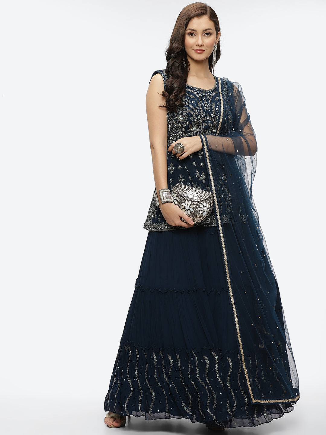 Embroidered Resham Mirror Georgette Choli With Lehenga &amp; Dupatta