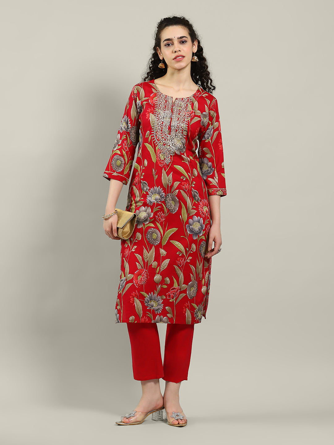 Neck Embroidered Cotton Blend Kurta With Pants