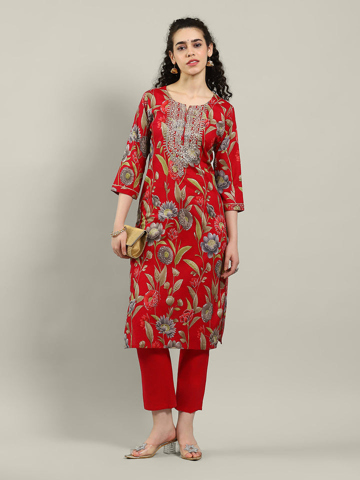 Neck Embroidered Cotton Blend Kurta With Pants
