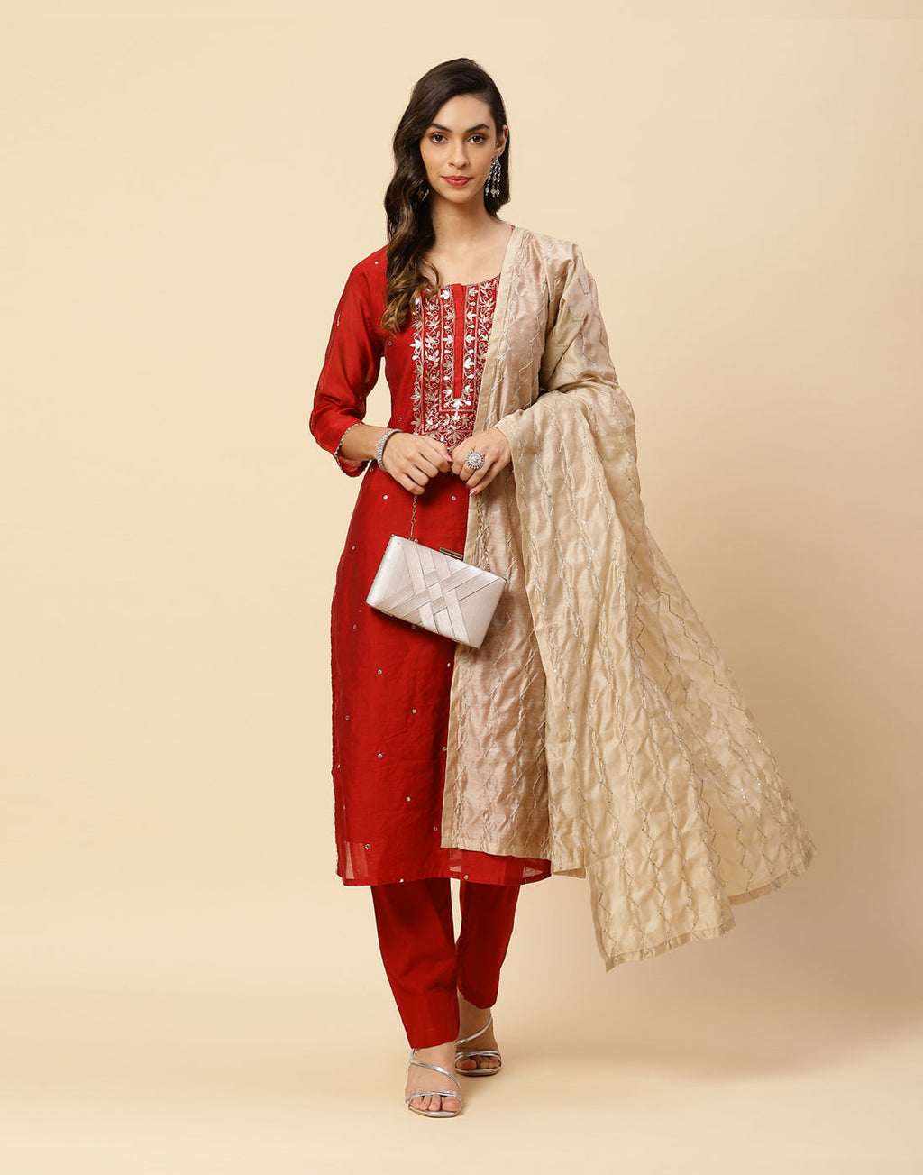 Embroidered Gota Work Cotton Salwar Kameez Stitched Suit With Chanderi Dupatta