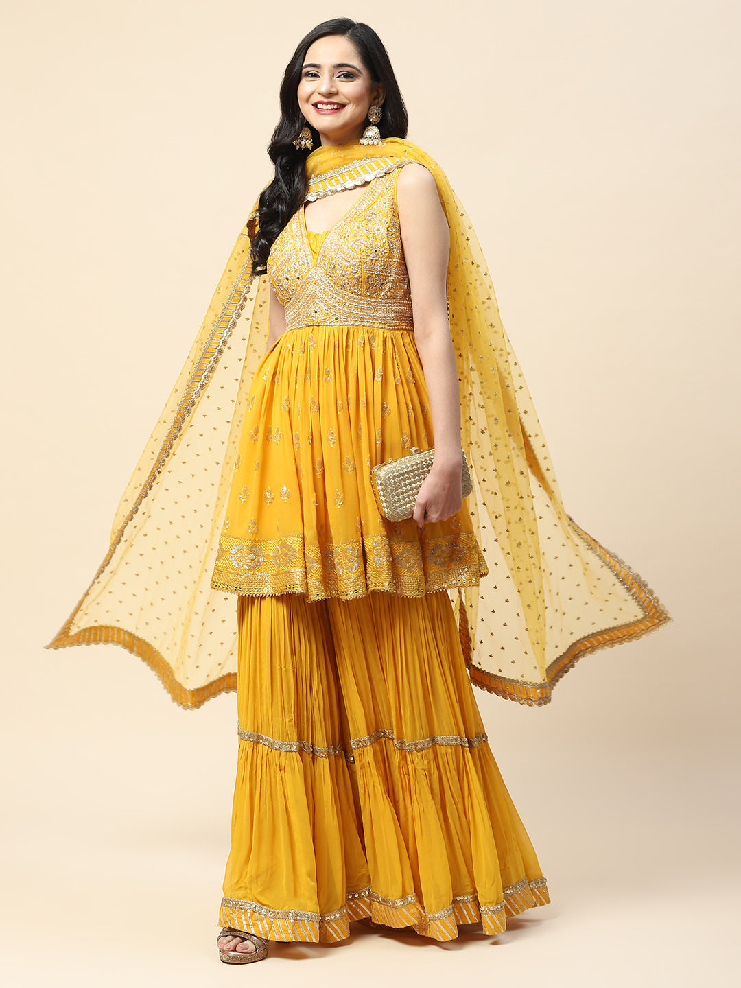 Resham Sequin Embroidered Georgette Kurta With Palazzo &amp; Dupatta