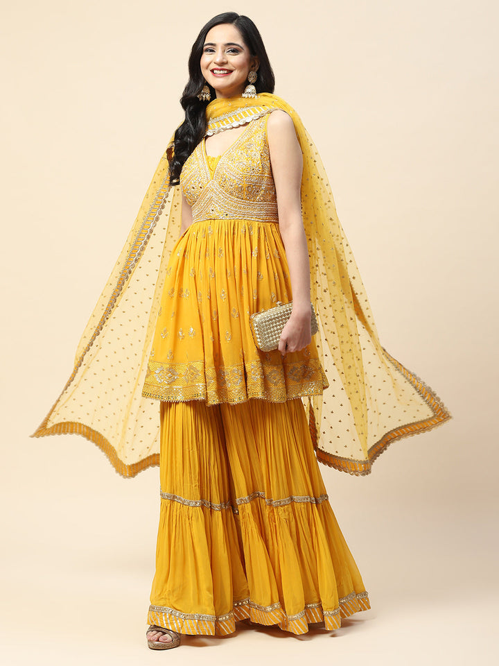 Resham Sequin Embroidered Georgette Kurta With Palazzo &amp; Dupatta