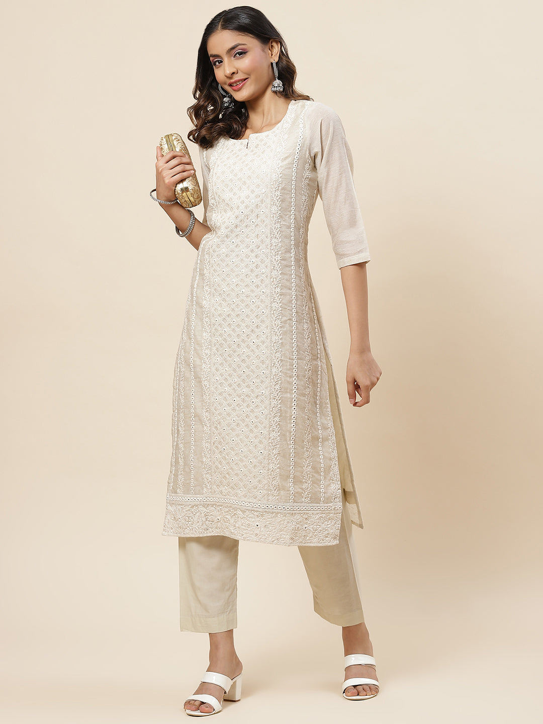 Embroidered Chanderi Kurta With Pants