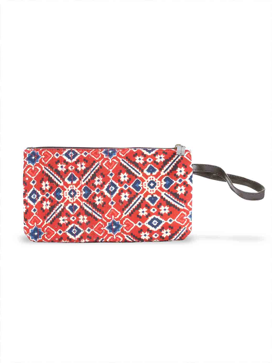 Maroon &amp; Navy Blue Printed Cotton Handbag With Pouch