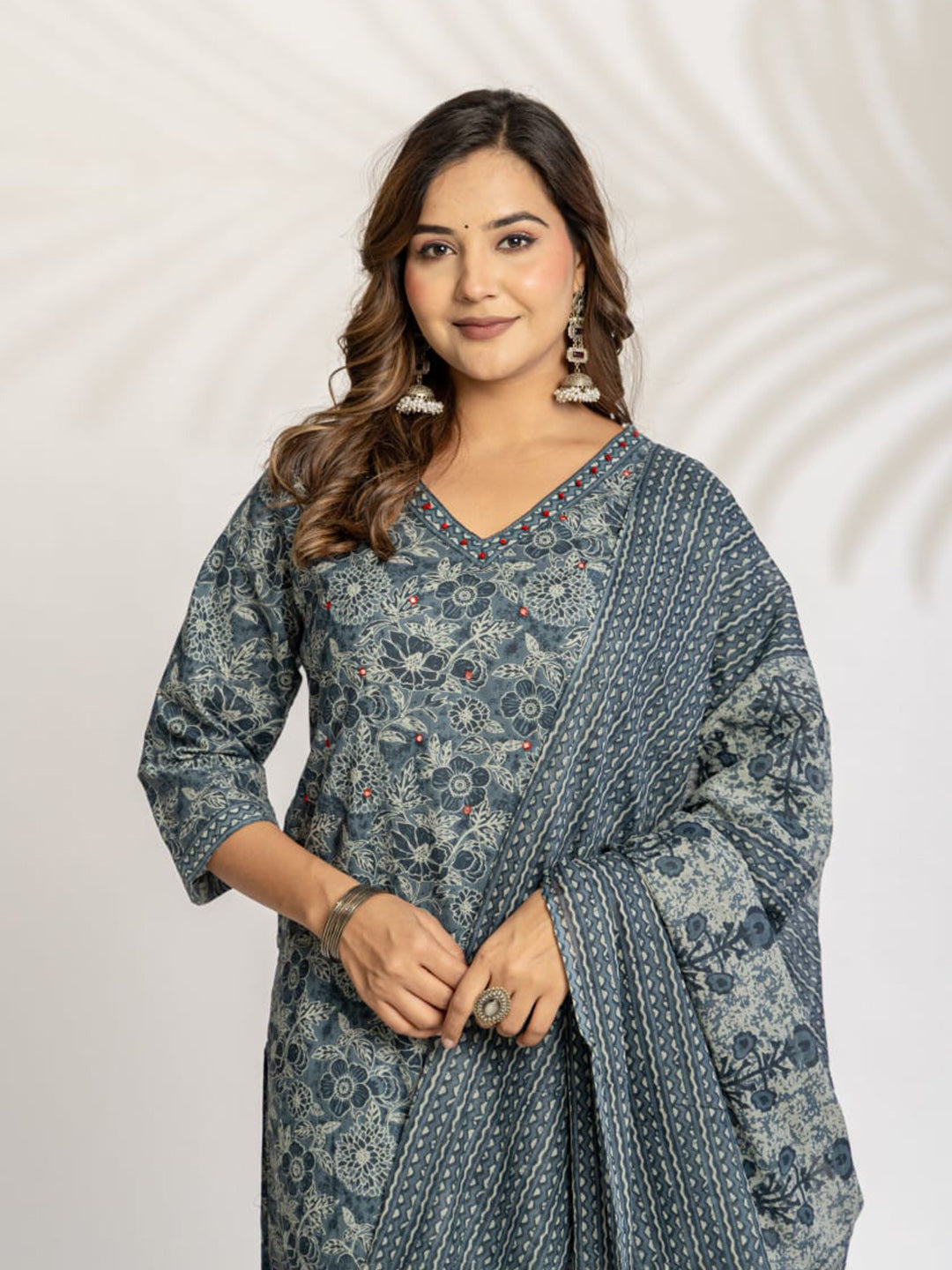 Grey Embroidered Cotton Blend Straight Suit Set With Dupatta