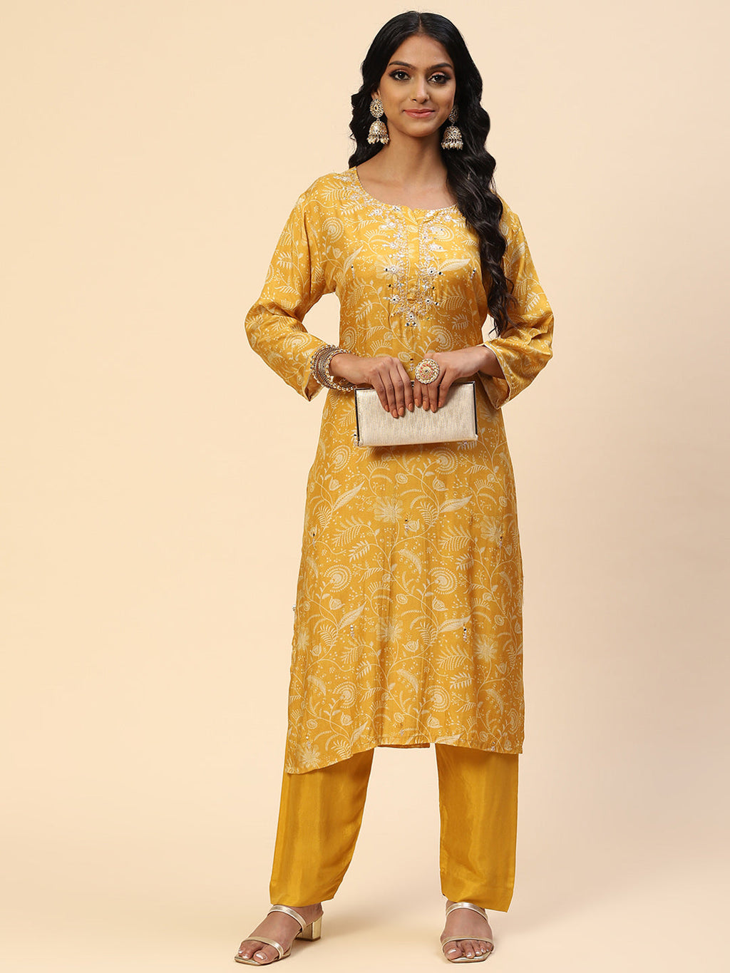 Neck Embroidered Printed Cotton Kurta With Pants