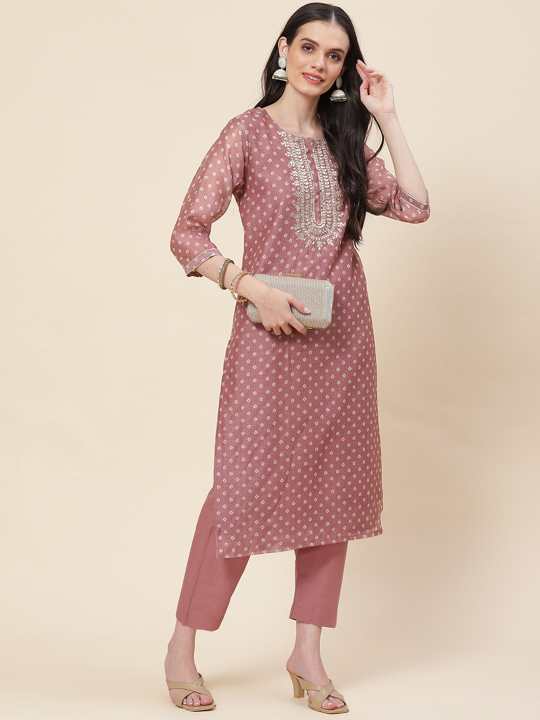 Printed &amp; Neck Embroidered Chanderi Kurta With Pants