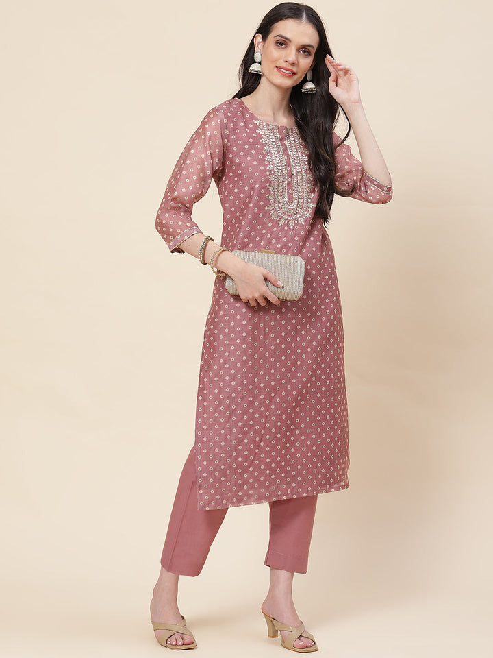 Printed &amp; Neck Embroidered Chanderi Kurta With Pants