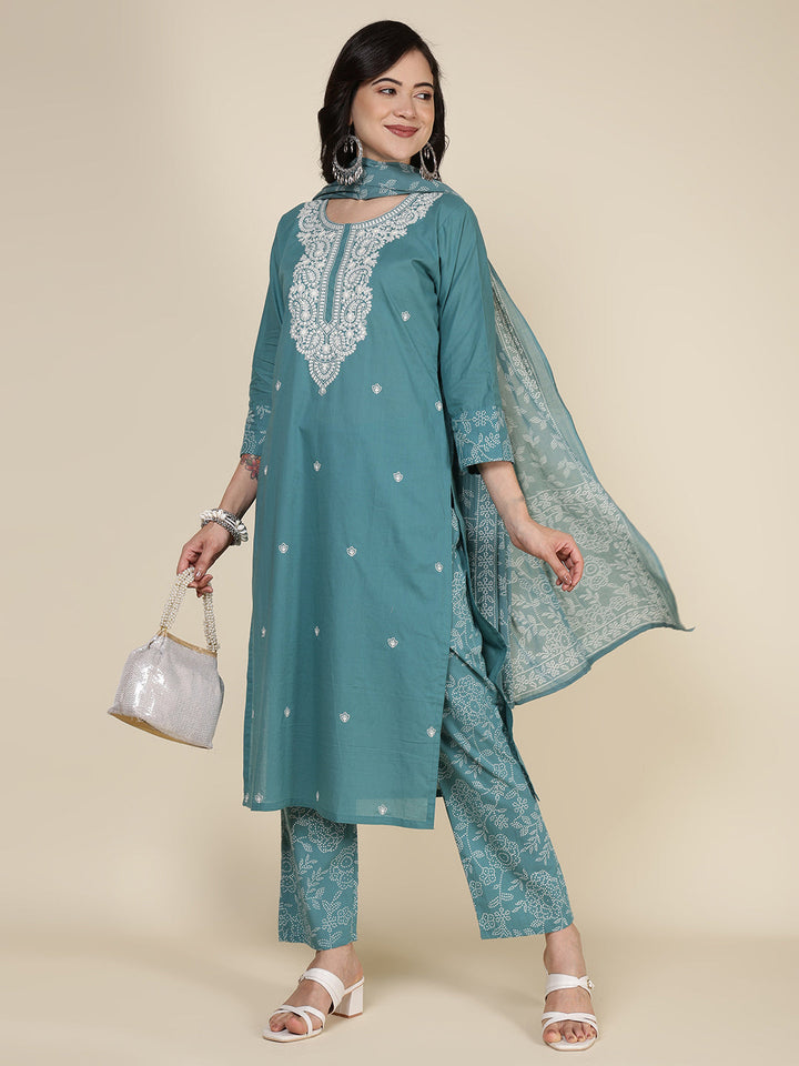 Embroidered Cotton Blend Kurta With Pants &amp; Dupatta