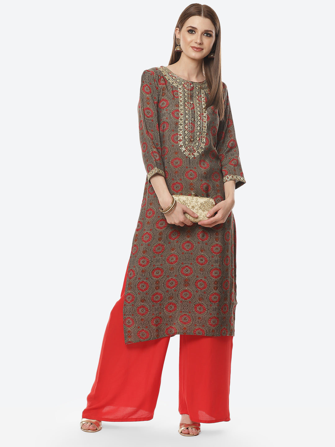 Printed Neck Embroidered Cotton Kurti