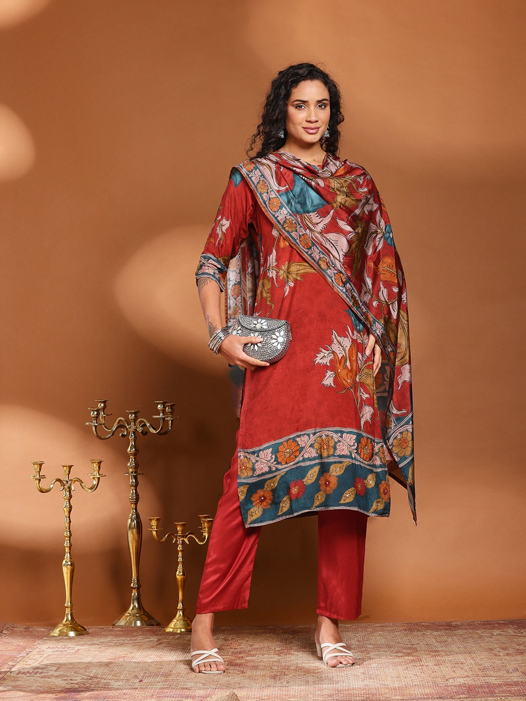 Floral Print Muslin Kurta With Pant &amp; Dupatta