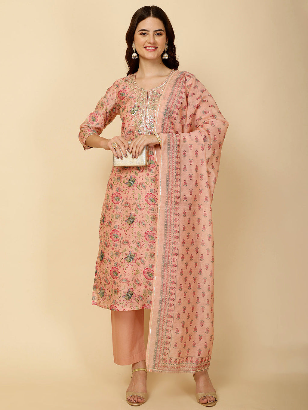 Floral Printed Chanderi Kurta With Pants & Dupatta