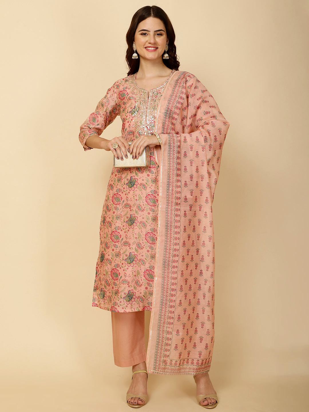 Floral Printed Chanderi Kurta With Pants &amp; Dupatta
