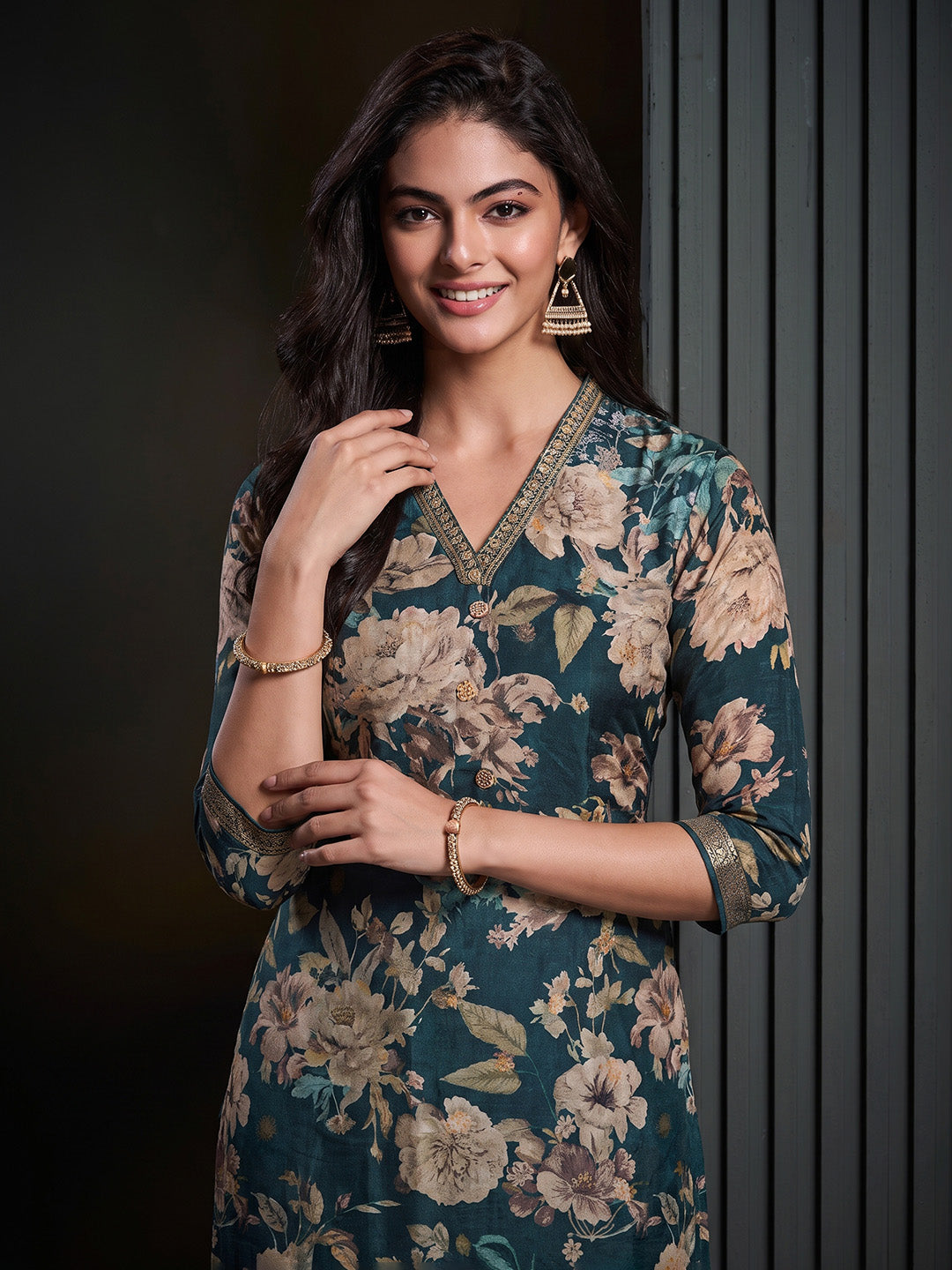 Blue Printed Art Silk Kurta With Pant & Dupatta