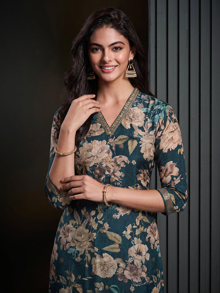 Blue Printed Art Silk Kurta With Pant &amp; Dupatta