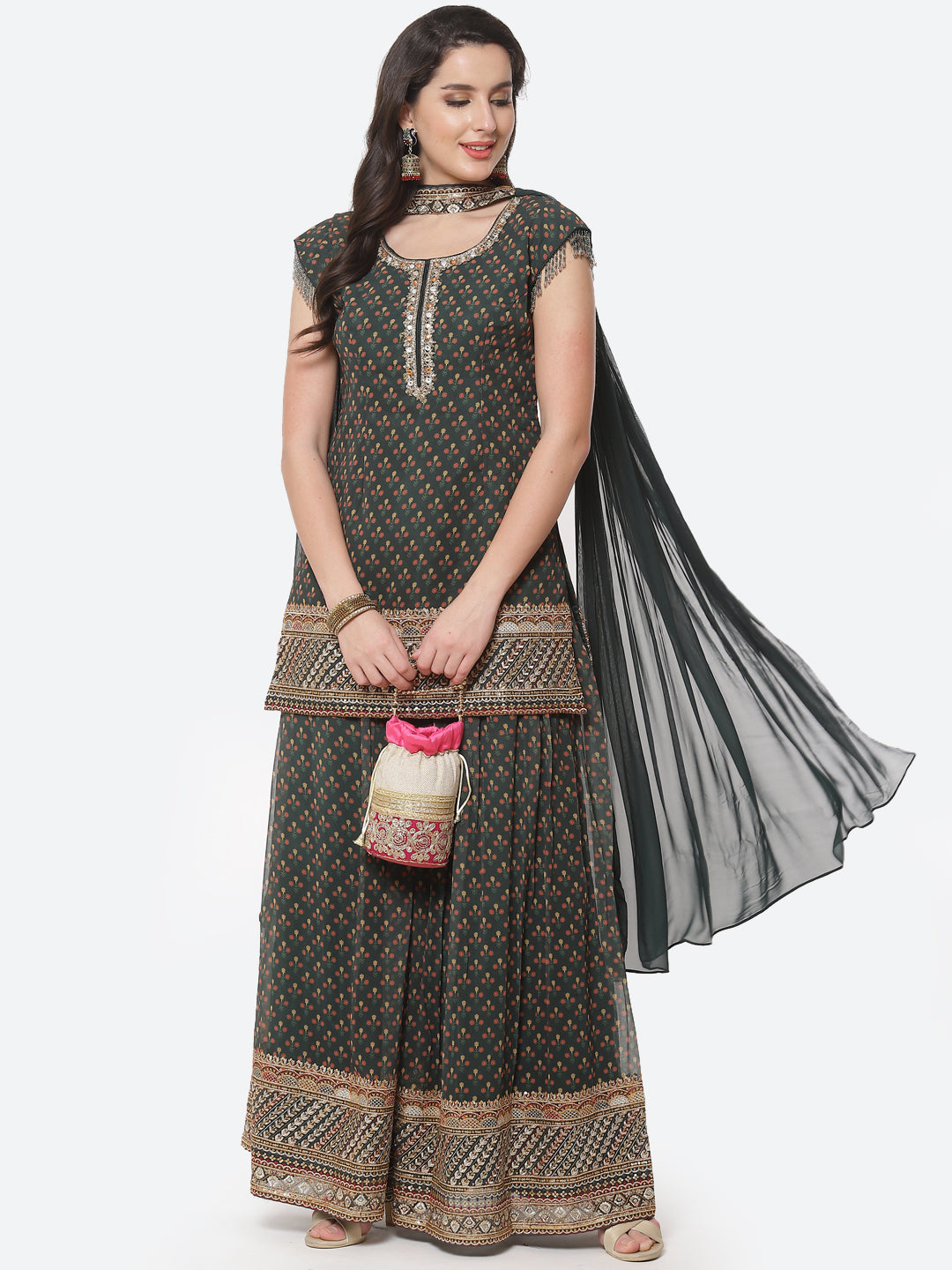 Printed Zari Border Booti Georgette Stitched Salwar Kameez With Net Dupatta