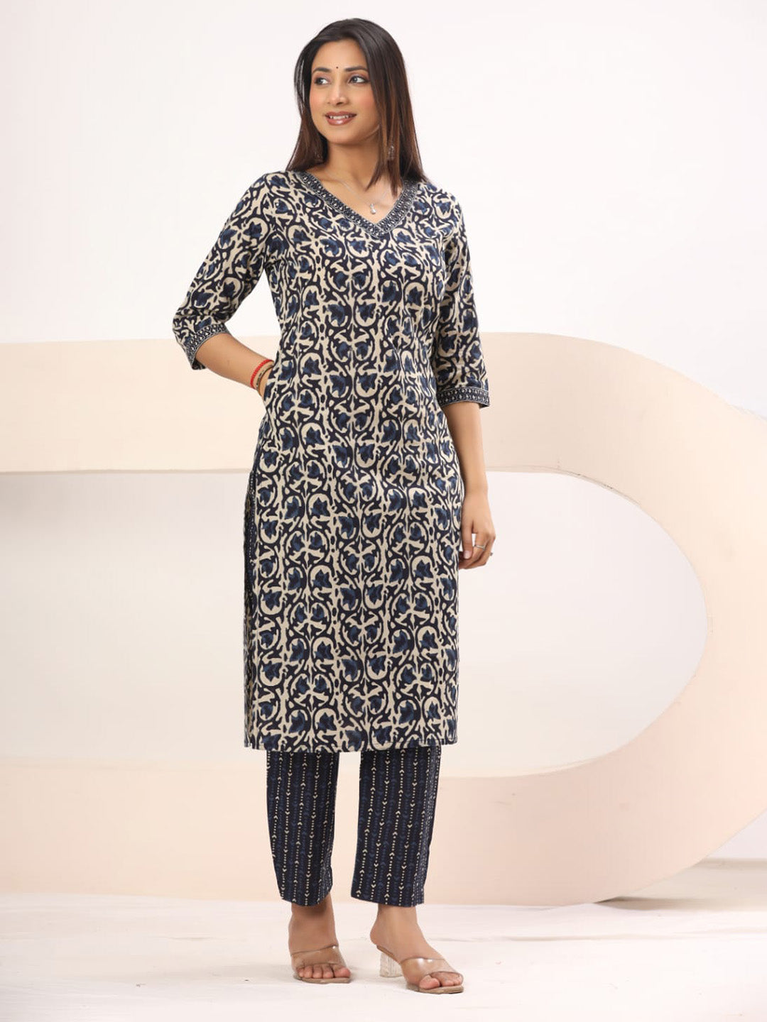 Black Embroidered Cotton Blend Straight Suit Set With Dupatta
