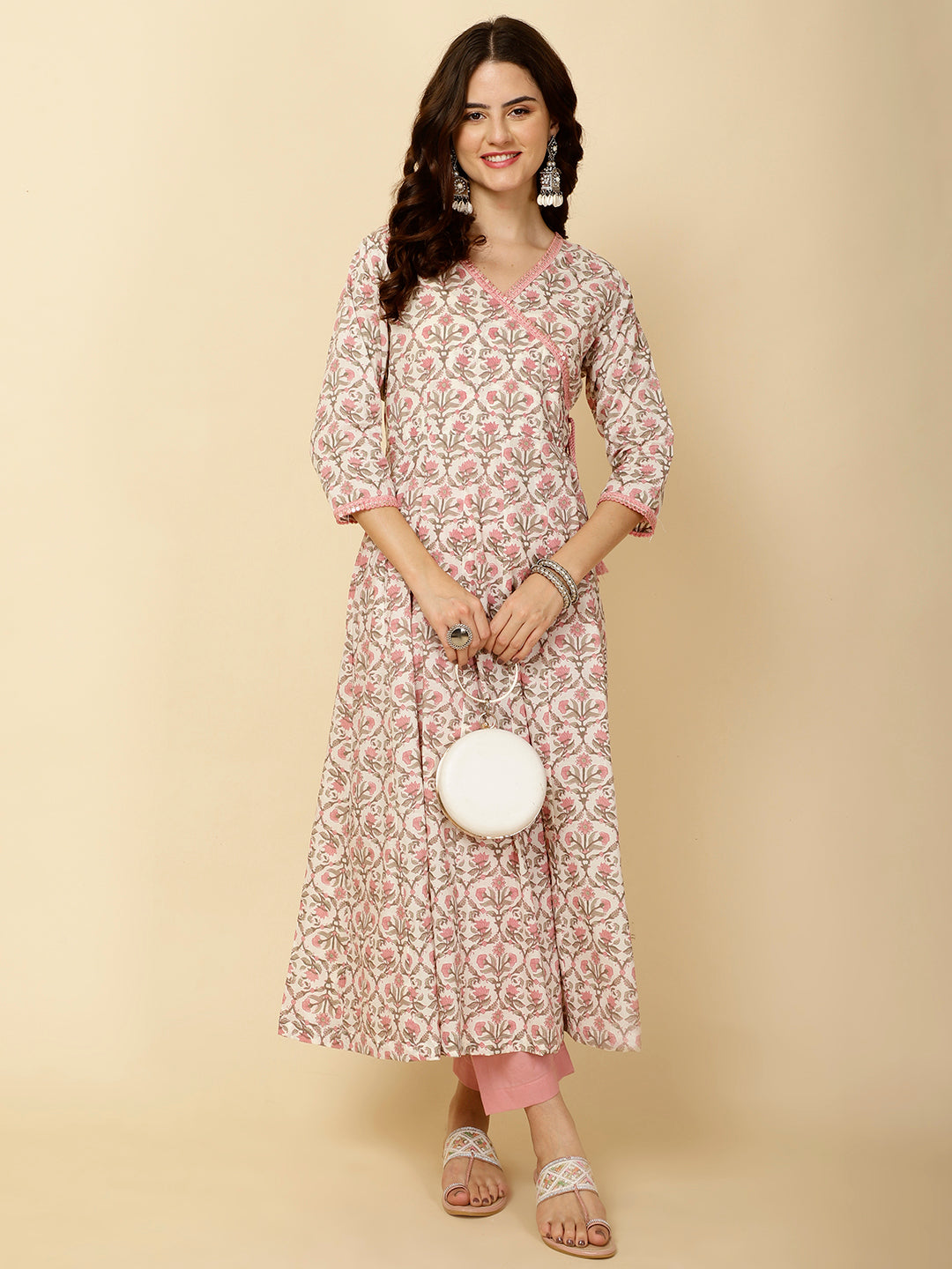 Floral Printed Cotton Anarkali Kurta With Pants