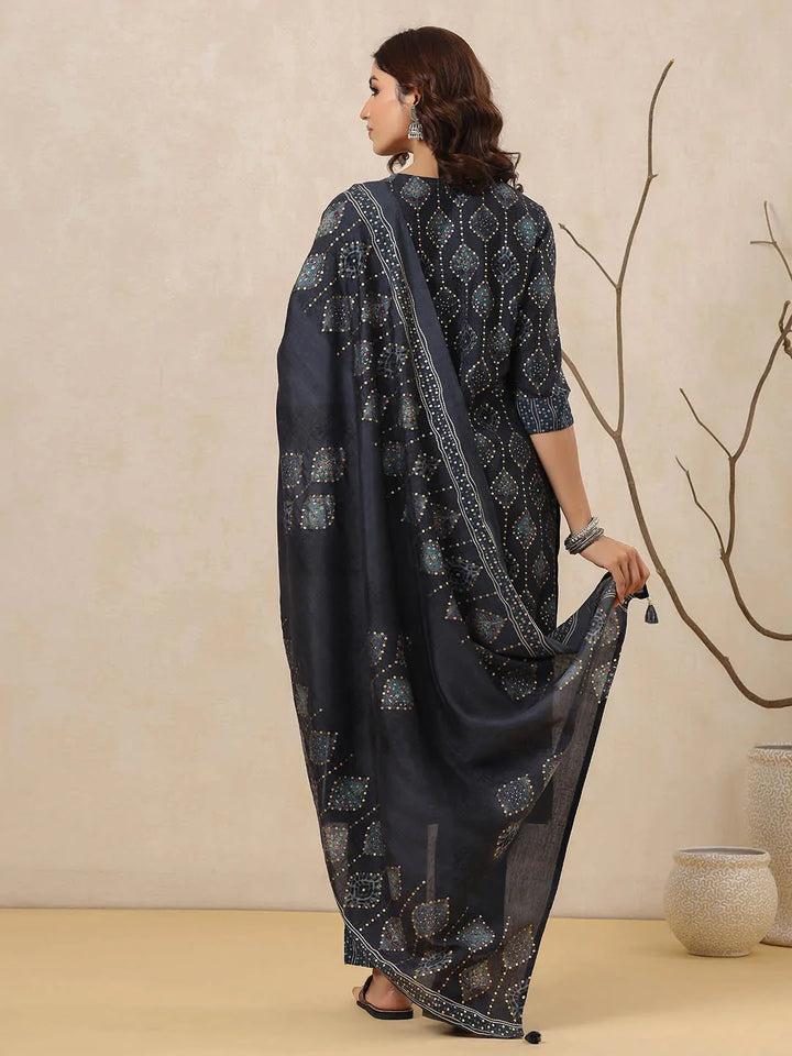 Block Printed Muslin Kurta With Pants &amp; Dupatta