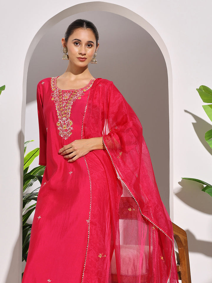Embroidered Muslin Kurta With Pants &amp; Dupatta