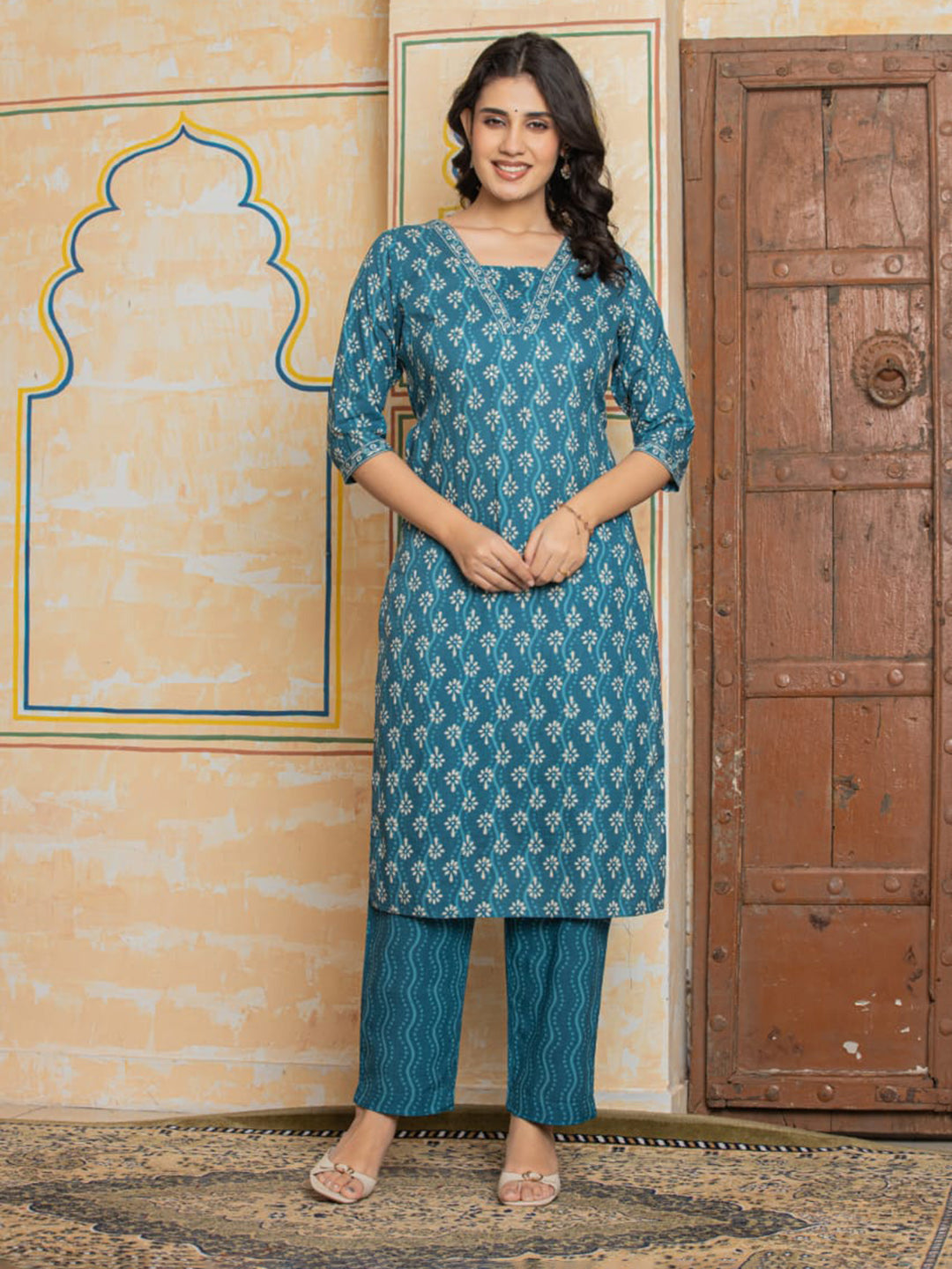 Light Blue Embroidered Cotton Blend Straight Suit Set With Dupatta