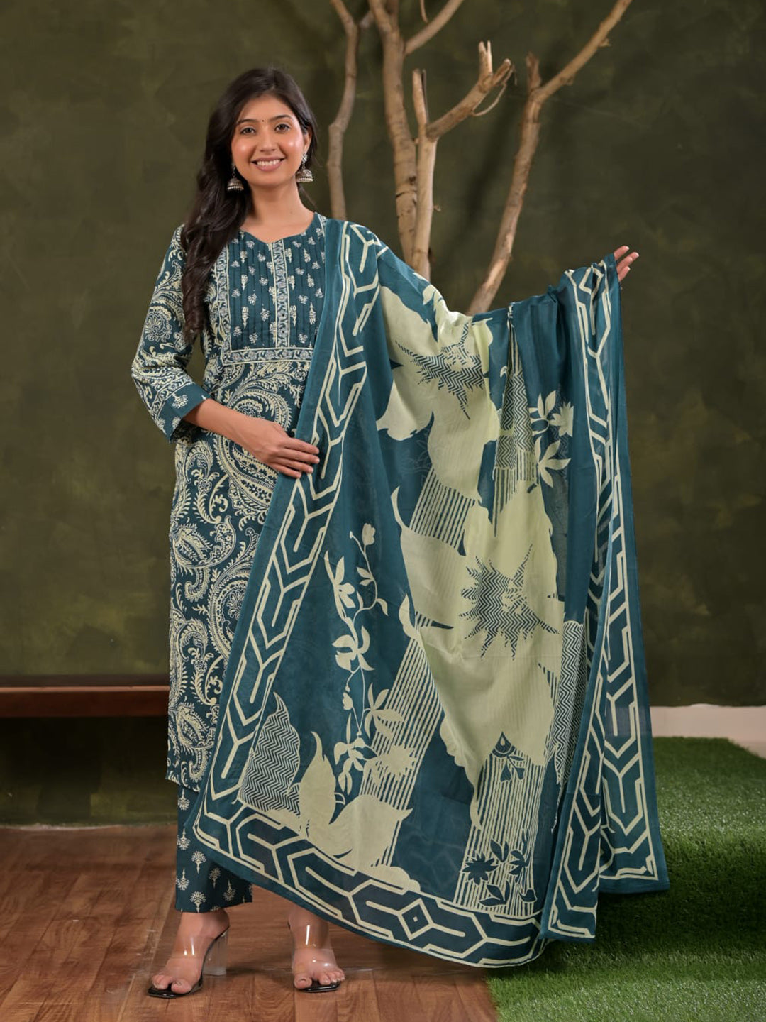Blue Embroidered Cotton Blend Straight Suit Set With Dupatta