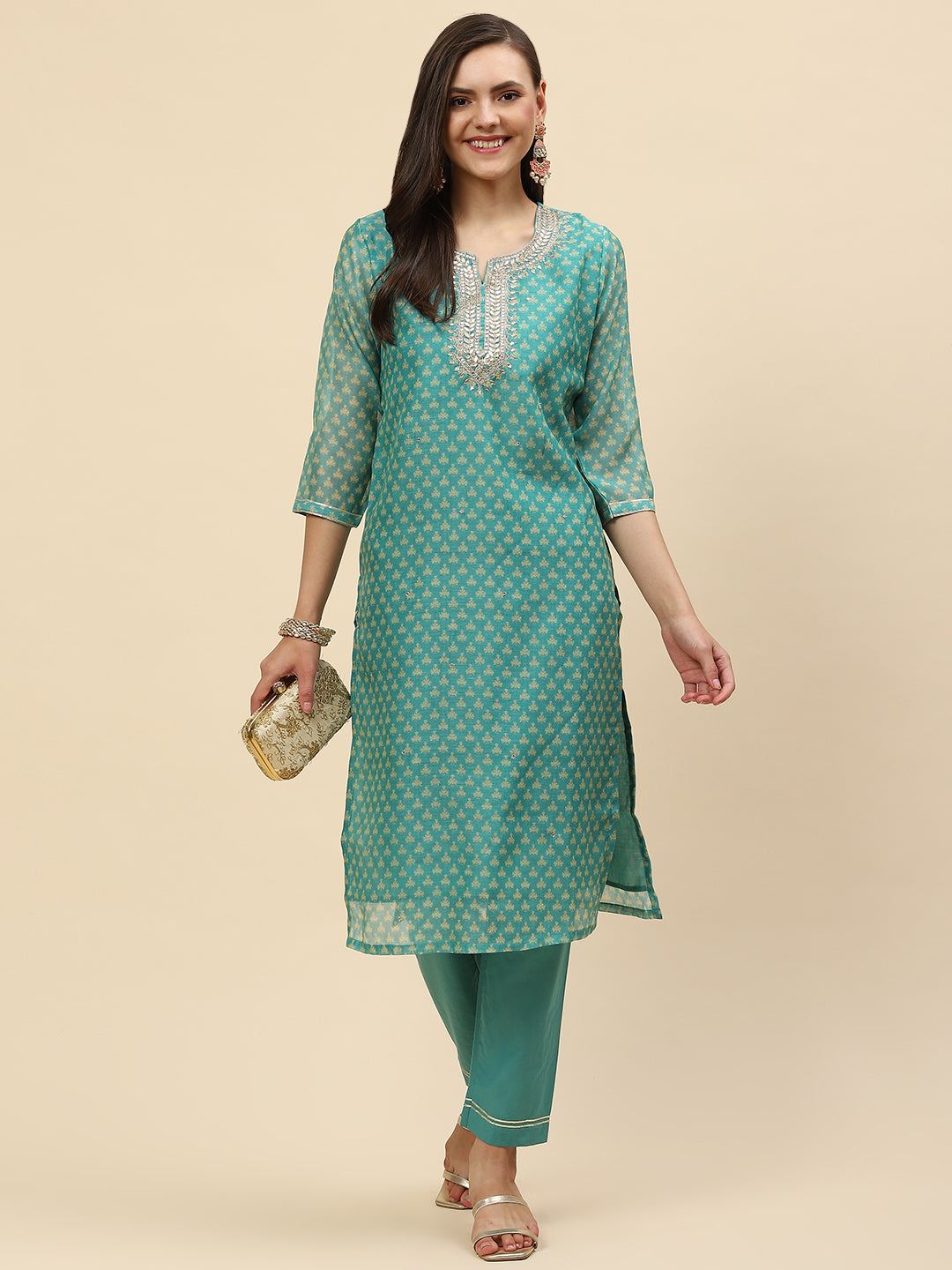 Gota Neck & Printed Chanderi Kurta With Pants