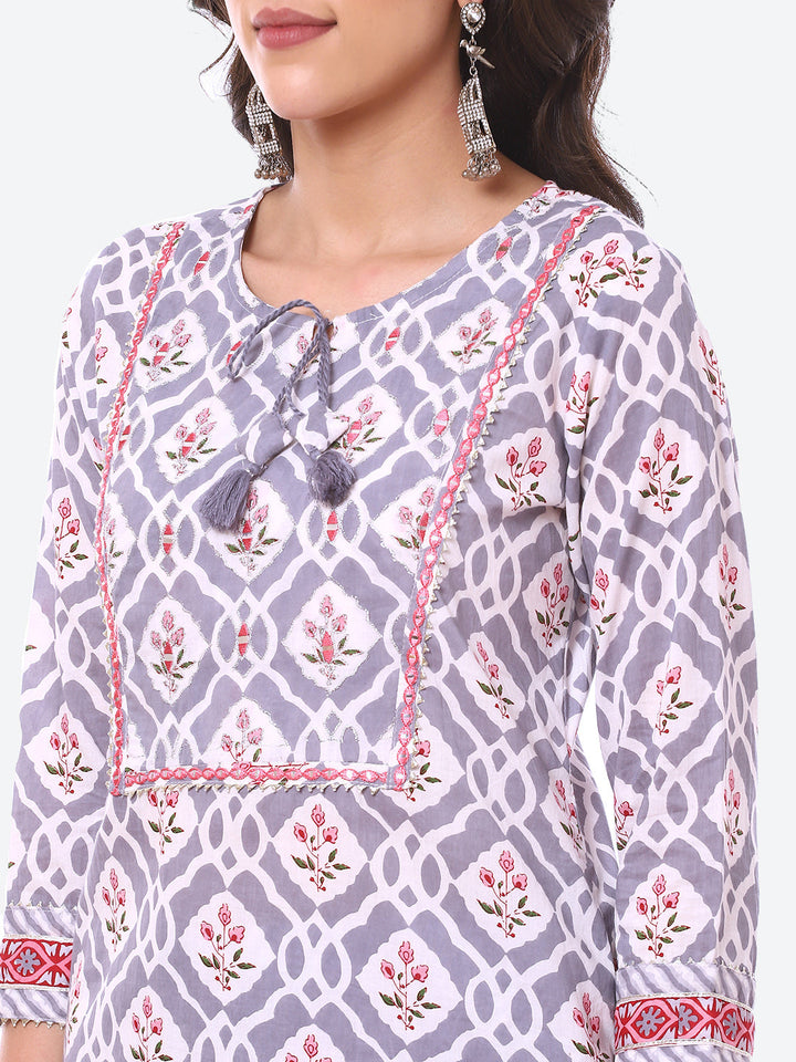 Floral Booti Printed Cotton Kurta With Pant &amp; Dupatta