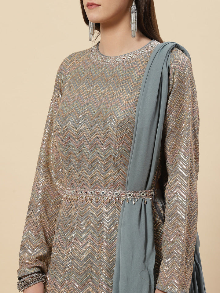 Sequin Embroidered Georgette Anarkali Kurta With Churidar &amp; Dupatta