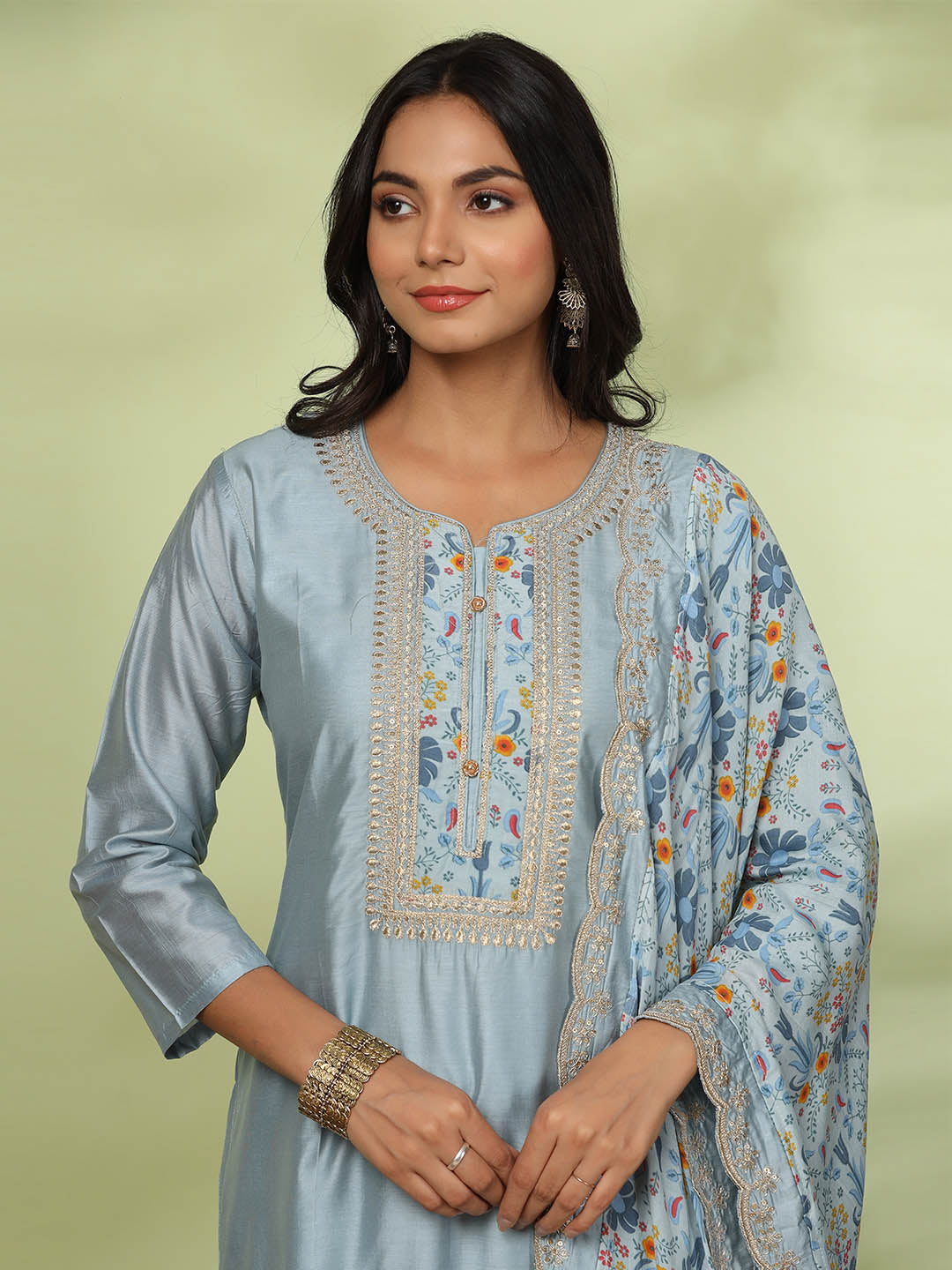 Neck Embroidered Chanderi Kurta With Pants &amp; Dupatta