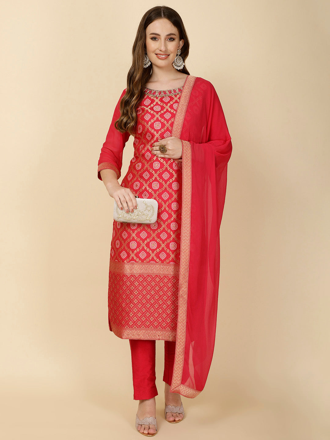 Woven Banarsi Suit Set With Dupatta