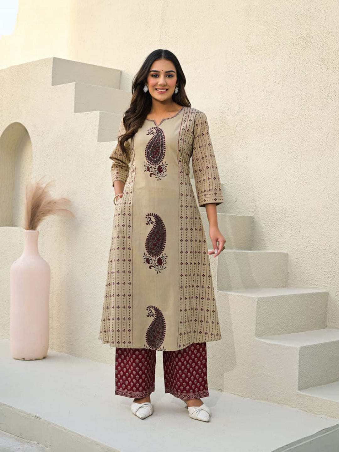 Beige Red Cotton Blend Printed Straight Suit Set