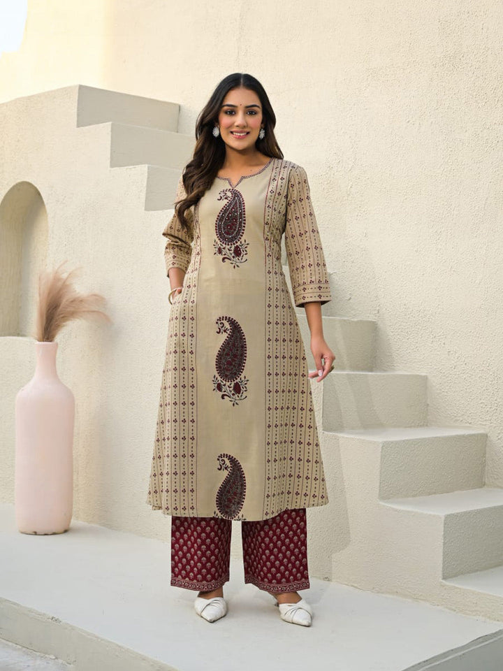 Beige Red Cotton Blend Printed Straight Suit Set
