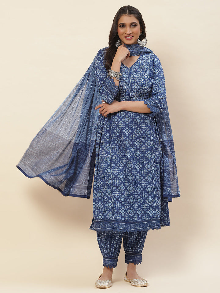 Printed Cotton Kurta With Pants &amp; Dupatta