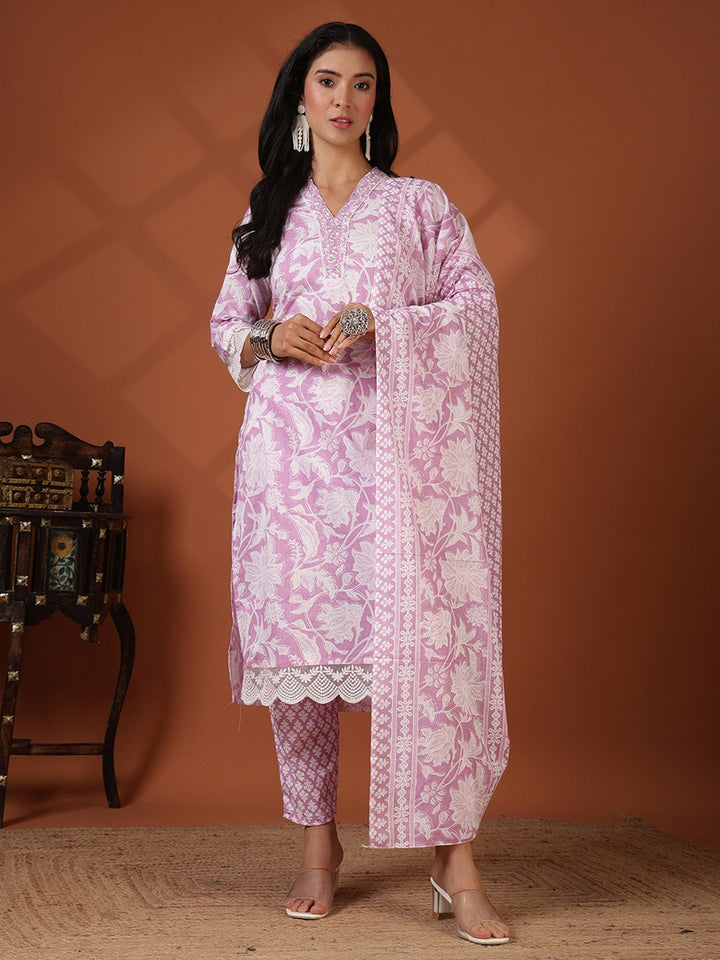 Printed Cotton Blend Kurta With Pant &amp; Dupatta