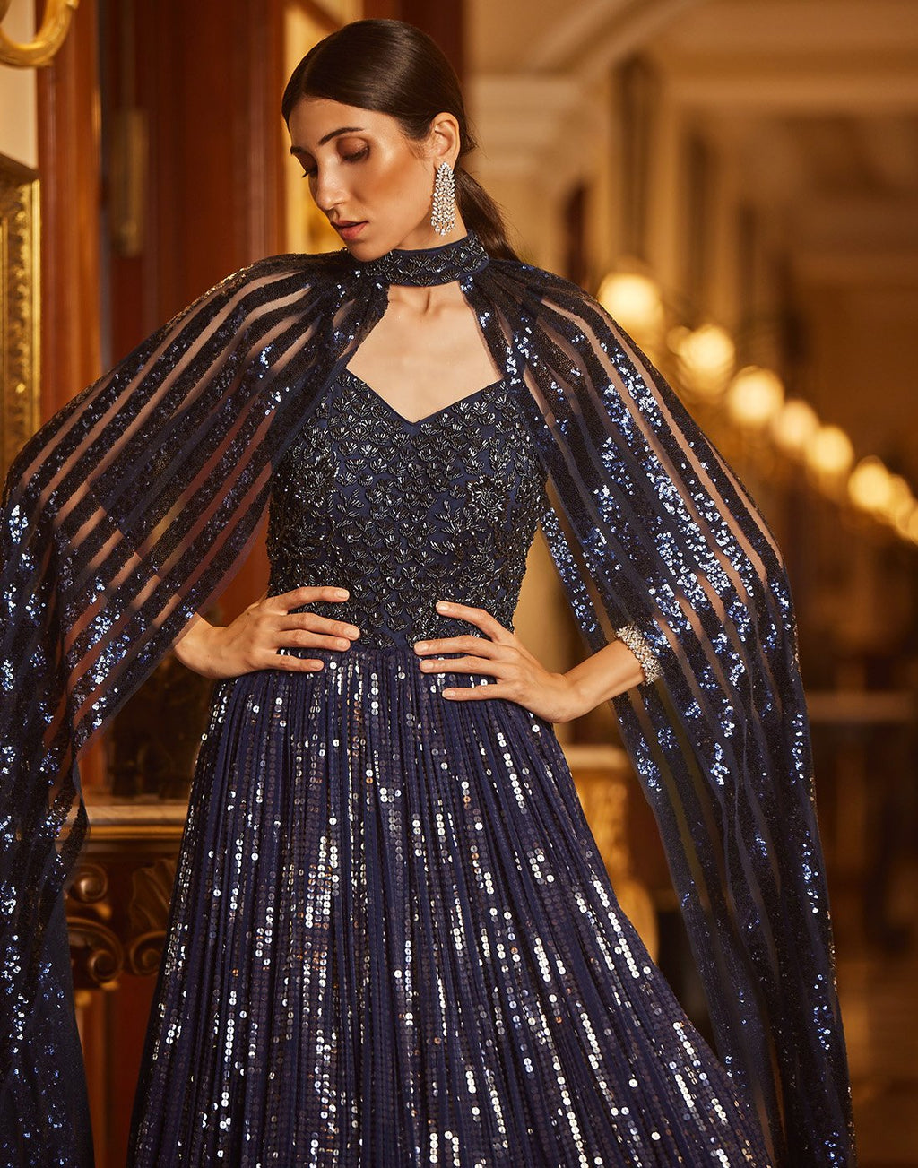 Embroidered Georgette Gown With Cape Sleeves