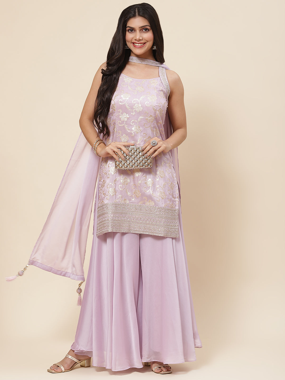 Floral Woven Georgette Kurta With Sharara &amp; Dupatta