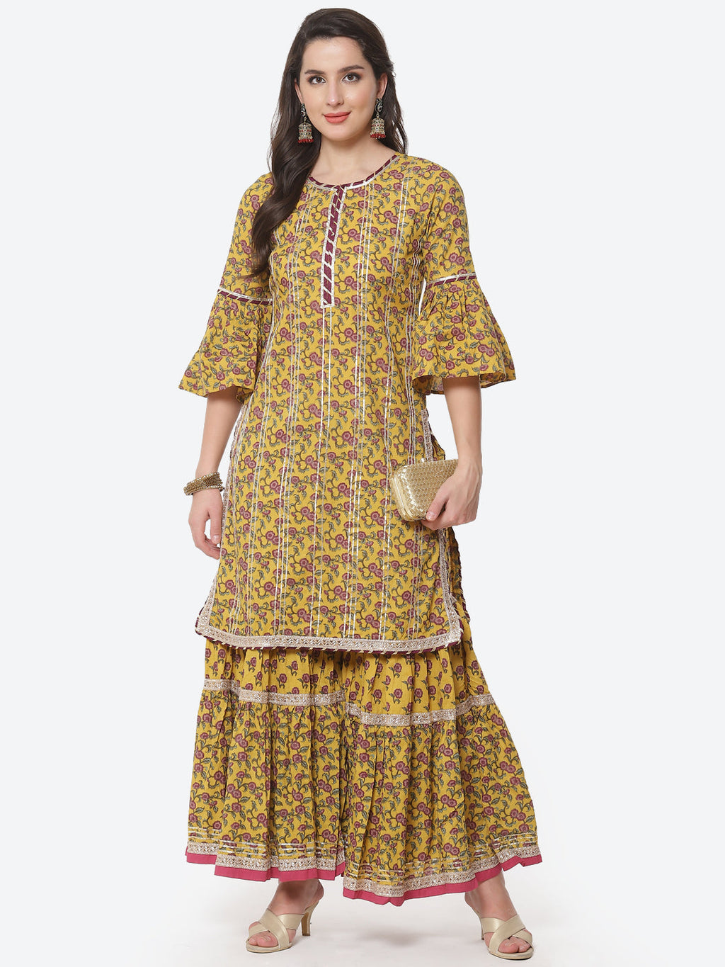 Floral Printed Gota Work Cotton Kurti With Sharara