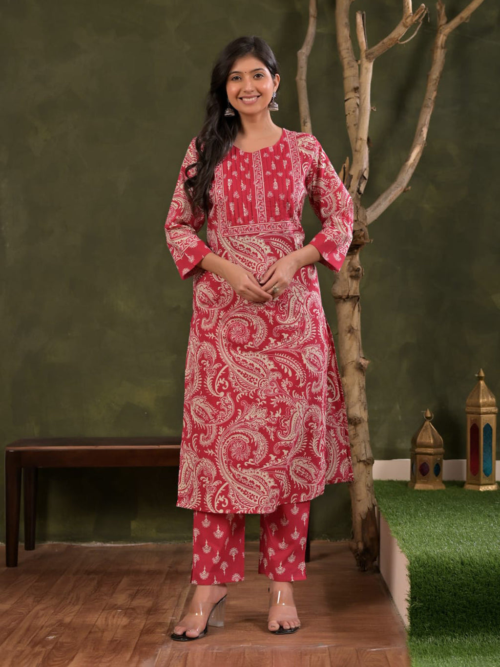Magenta Embroidered Cotton Blend Straight Suit Set With Dupatta