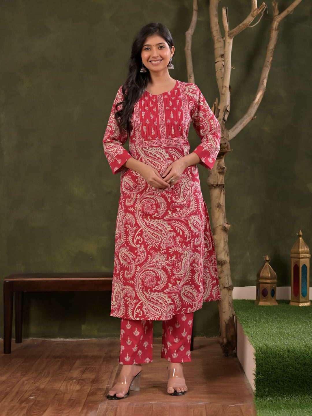 Magenta Embroidered Cotton Blend Straight Suit Set With Dupatta