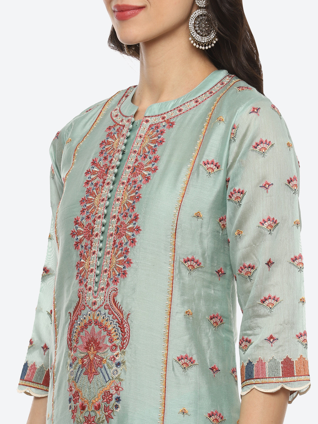 Resham Neck Booti Cotton kurta With Pant &amp; Dupatta