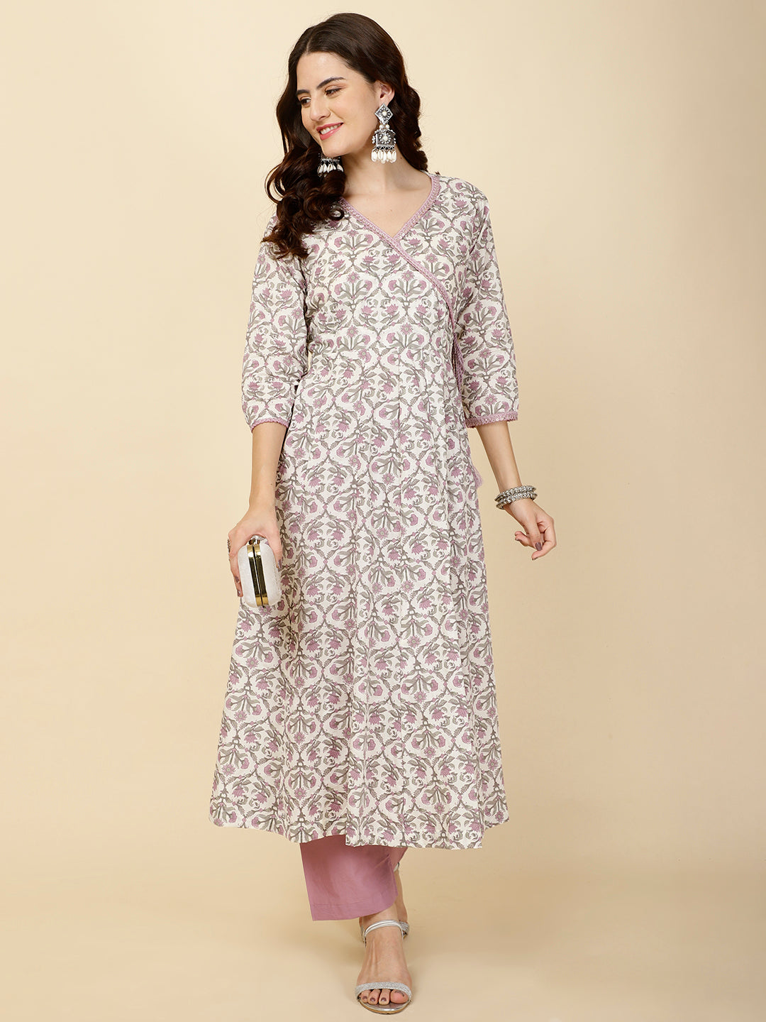 Floral Printed Cotton Anarkali Kurta With Pants